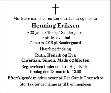 Dødsannoncen for Henning Eriksen - Århus N