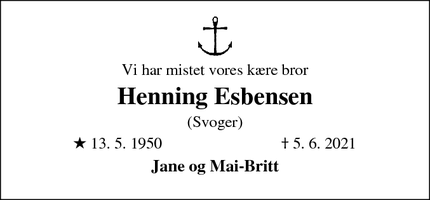 Dødsannoncen for Henning Esbensen - Nørre Vourpør