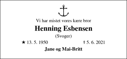 Dødsannoncen for Henning Esbensen - Nørre Vourpør