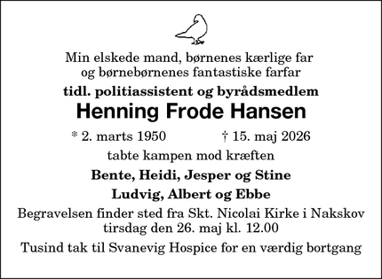 Dødsannoncen for Henning Frode Hansen - Nakskov