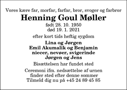Dødsannoncen for Henning Goul Møller - Hovedgaden 4, Gylling, 8300 Odder