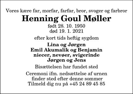 Dødsannoncen for Henning Goul Møller - Hovedgaden 4, Gylling, 8300 Odder