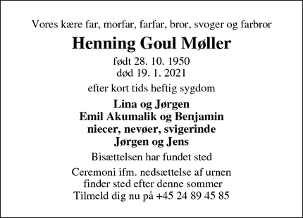 Dødsannoncen for Henning Goul Møller - Hovedgaden 4, Gylling, 8300 Odder