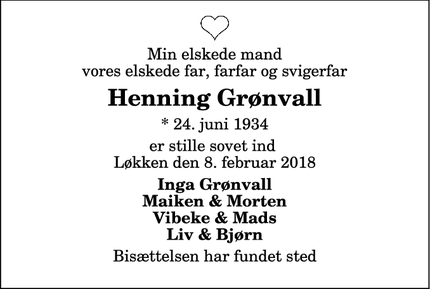 Dødsannoncen for Henning Grønvall - Løkken