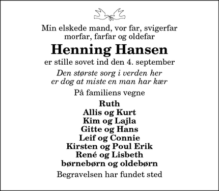 Dødsannoncen for Henning Hansen - Brønderslev