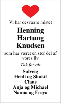 Dødsannoncen for Henning Hartung Knudsen - Silkeborg