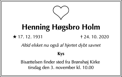Dødsannoncen for Henning Høgsbro Holm - Espergærde