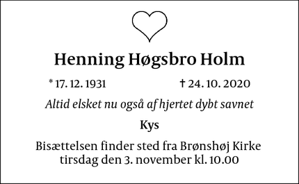 Dødsannoncen for Henning Høgsbro Holm - Espergærde