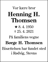 Dødsannoncen for Henning H.
Thomsen - Esbjerg
