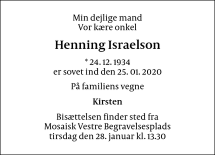 Dødsannoncen for Henning Israelson - København