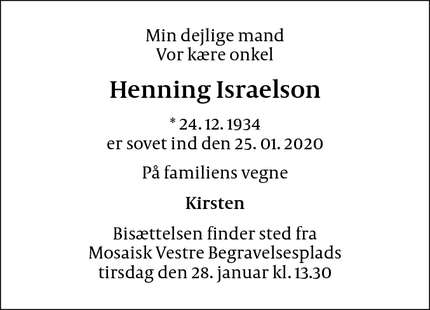 Dødsannoncen for Henning Israelson - København