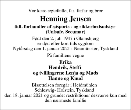 Dødsannoncen for Henning Jensen  - Glamsbjerg
