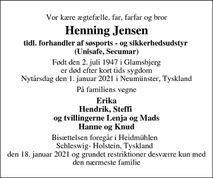 Dødsannoncen for Henning Jensen - Glamsbjerg