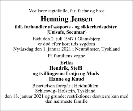 Dødsannoncen for Henning Jensen  - Glamsbjerg