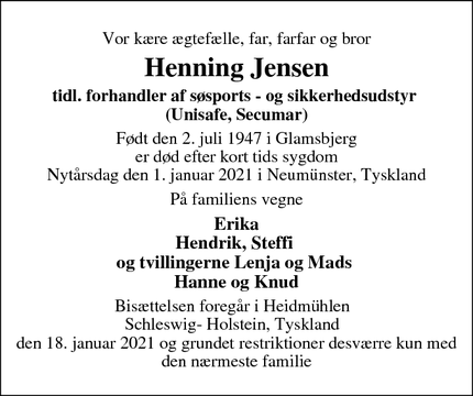 Dødsannoncen for Henning Jensen - Glamsbjerg