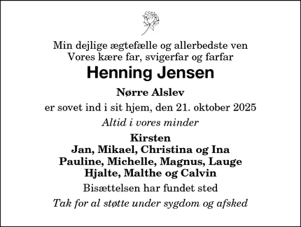 Dødsannoncen for Henning Jensen - Nørre Alslev