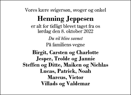 Dødsannoncen for Henning Jeppesen - Fasterholt