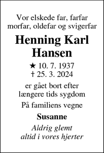 Dødsannoncen for Henning Karl
Hansen - Aarhus