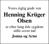 Dødsannoncen for Henning Krüger
Olsen - Ingesvang