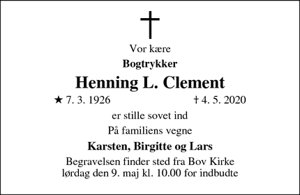 Dødsannoncen for Henning L. Clement - Bov