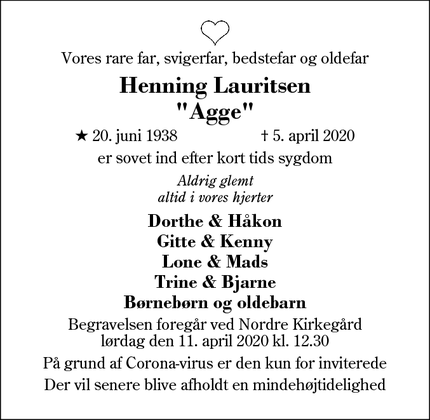 Dødsannoncen for Henning Lauritsen
"Agge" - Herning
