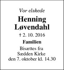 Dødsannoncen for Henning Løvendahl - Esbjerg