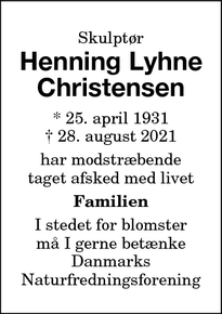 Dødsannoncen for Henning Lyhne
Christensen - Smørum