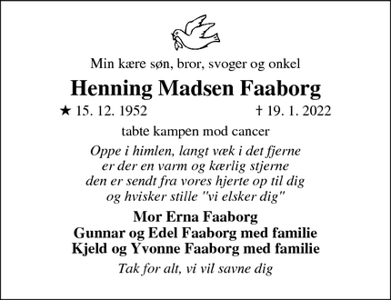 Dødsannoncen for Henning Madsen Faaborg - Løjt / Haderslev