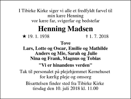 Dødsannoncen for Henning Madsen - Hillerød