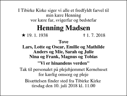 Dødsannoncen for Henning Madsen - Hillerød
