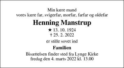 Dødsannoncen for Henning Manstrup - Lynge