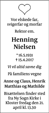 Dødsannoncen for Henning Nielsen - Kloster, Danmark