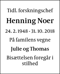 Dødsannoncen for Henning Noer - Mørke