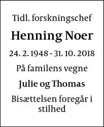 Dødsannoncen for Henning Noer - Mørke