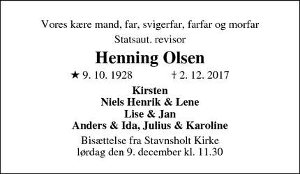 Dødsannoncen for Henning Olsen - Farum