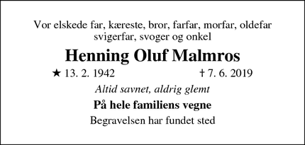 Dødsannoncen for Henning Oluf Malmros - Kastrup