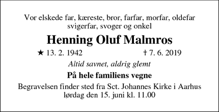 Dødsannoncen for Henning Oluf Malmros - Kastrup