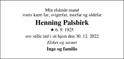 Dødsannoncen for Henning Palsbirk - Bagsværd