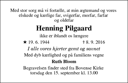 Dødsannoncen for Henning Pilgaard - Nyborg