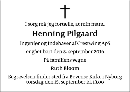 Dødsannoncen for Henning Pilgaard - Nyborg