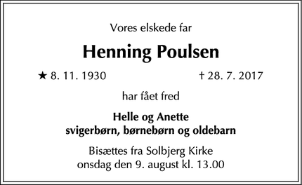 Dødsannoncen for Henning Poulsen - Frederiksberg