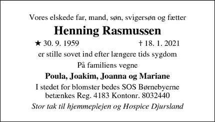 Dødsannoncen for Henning Rasmussen - Rønde