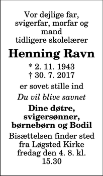Dødsannoncen for Henning Ravn - Løgstør