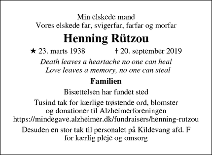 Dødsannoncen for Henning Rützou - Terp, Ulstrup