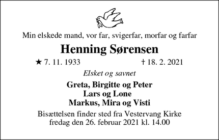 Dødsannoncen for Henning Sørensen - Helsingør