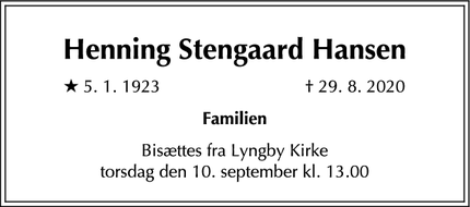 Dødsannoncen for Henning Stengaard Hansen - Lyngby