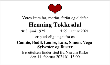 Dødsannoncen for Henning Tokkesdal - Birkerød