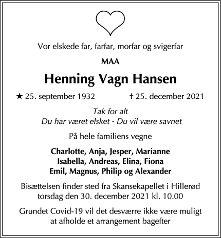 Dødsannoncen for Henning Vagn Hansen - København K