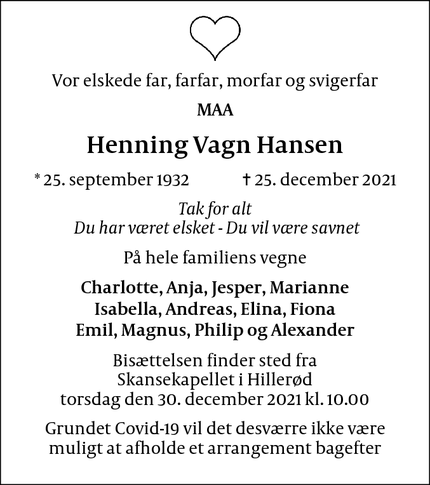 Dødsannoncen for Henning Vagn Hansen - København K