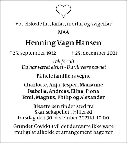 Dødsannoncen for Henning Vagn Hansen - København K